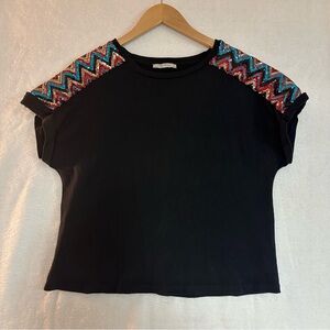 Zara black Sequin shoulders T-Shirt size L Women